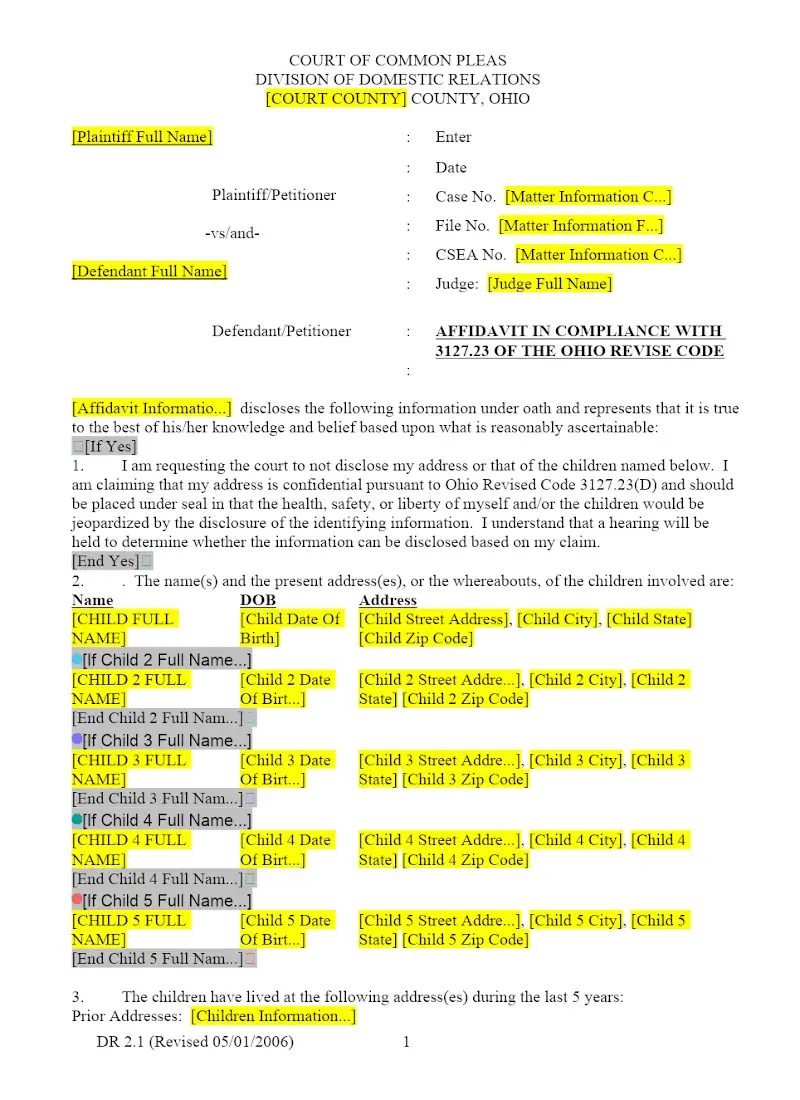 Affidavit in Compliance with 3127.23 (DR 2.1)