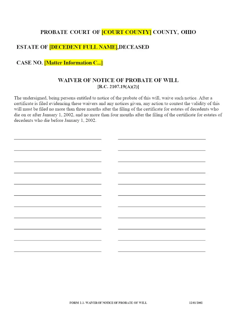 Waiver of Notice of Probate of Will (Form 2.1)