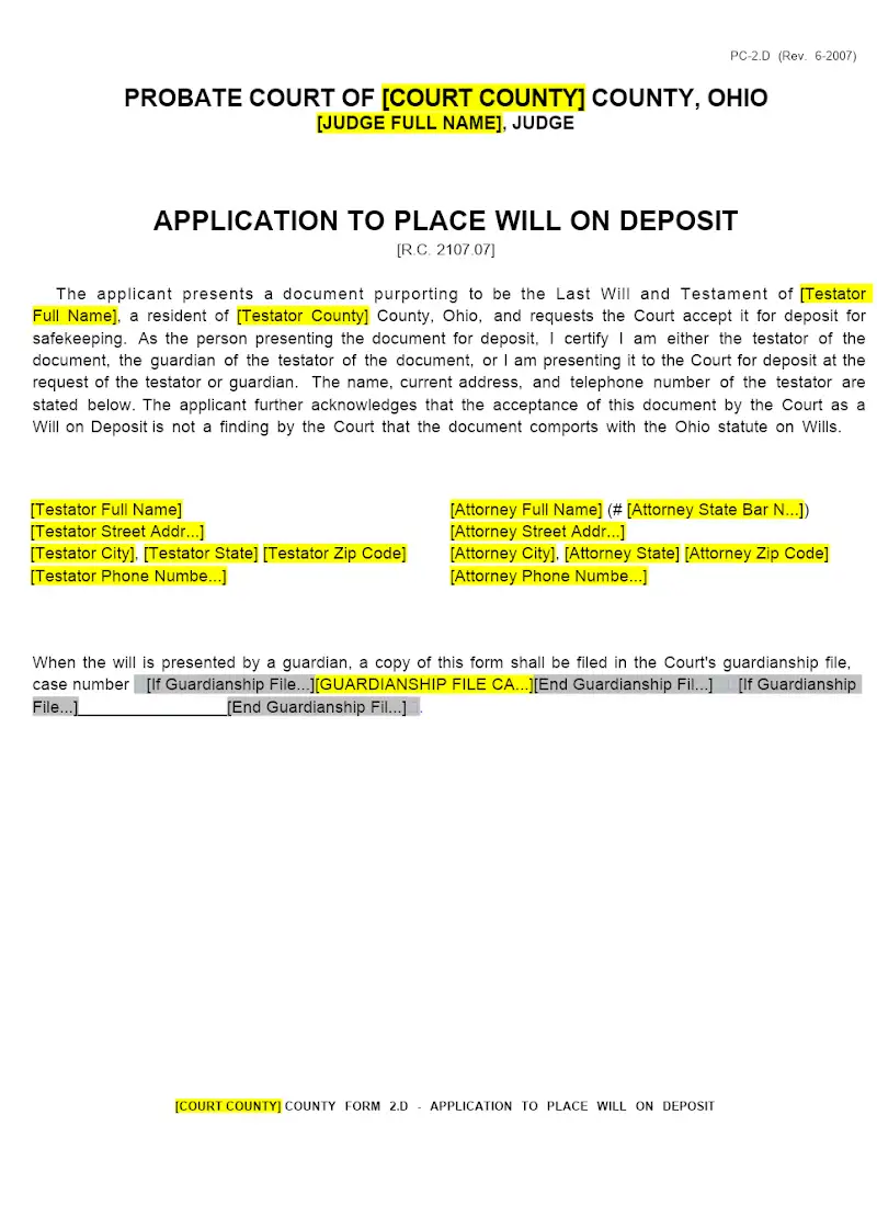 Application to Place Will on Deposit