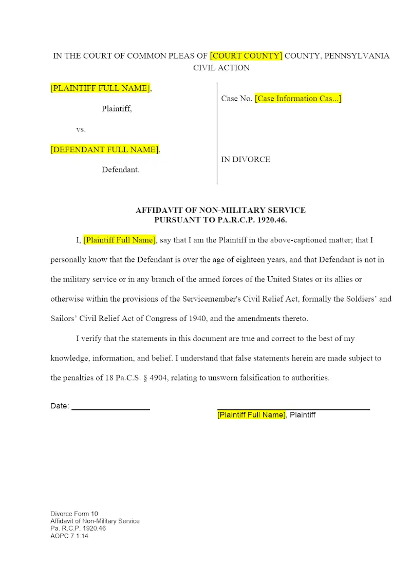 Affidavit of Nonmilitary Service