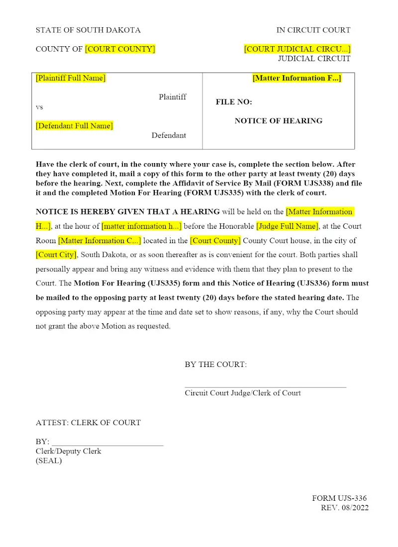 Notice of Hearing (UJS 336)