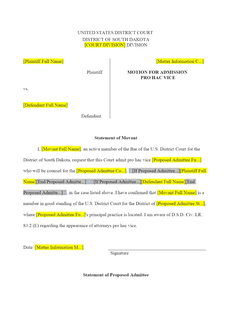Motion for Admission Pro Hac Vice (USDC)