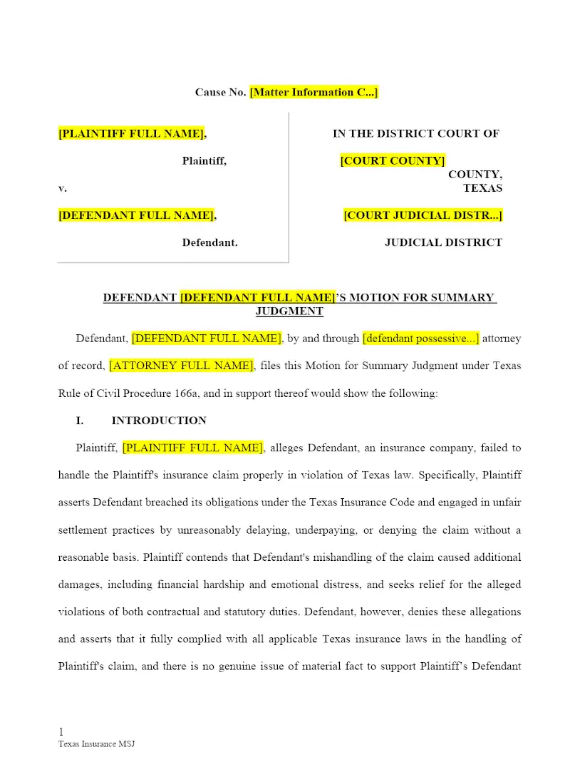 Motion for Summary Judgment - Insurance Defense