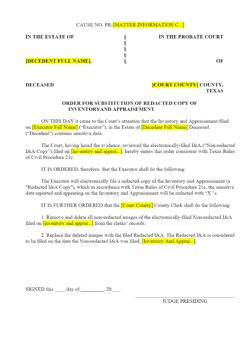 Order for Substitution of Redacted Inventory