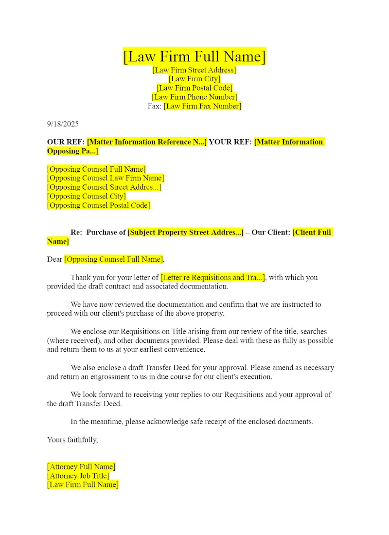 Letter to Seller Solicitor Raising Enquiries