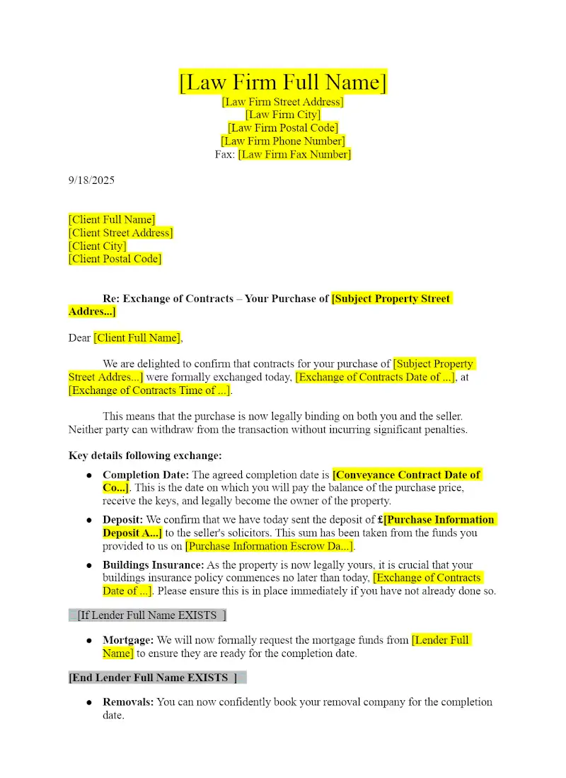 Letter to Client Confirming Exchange of Contracts