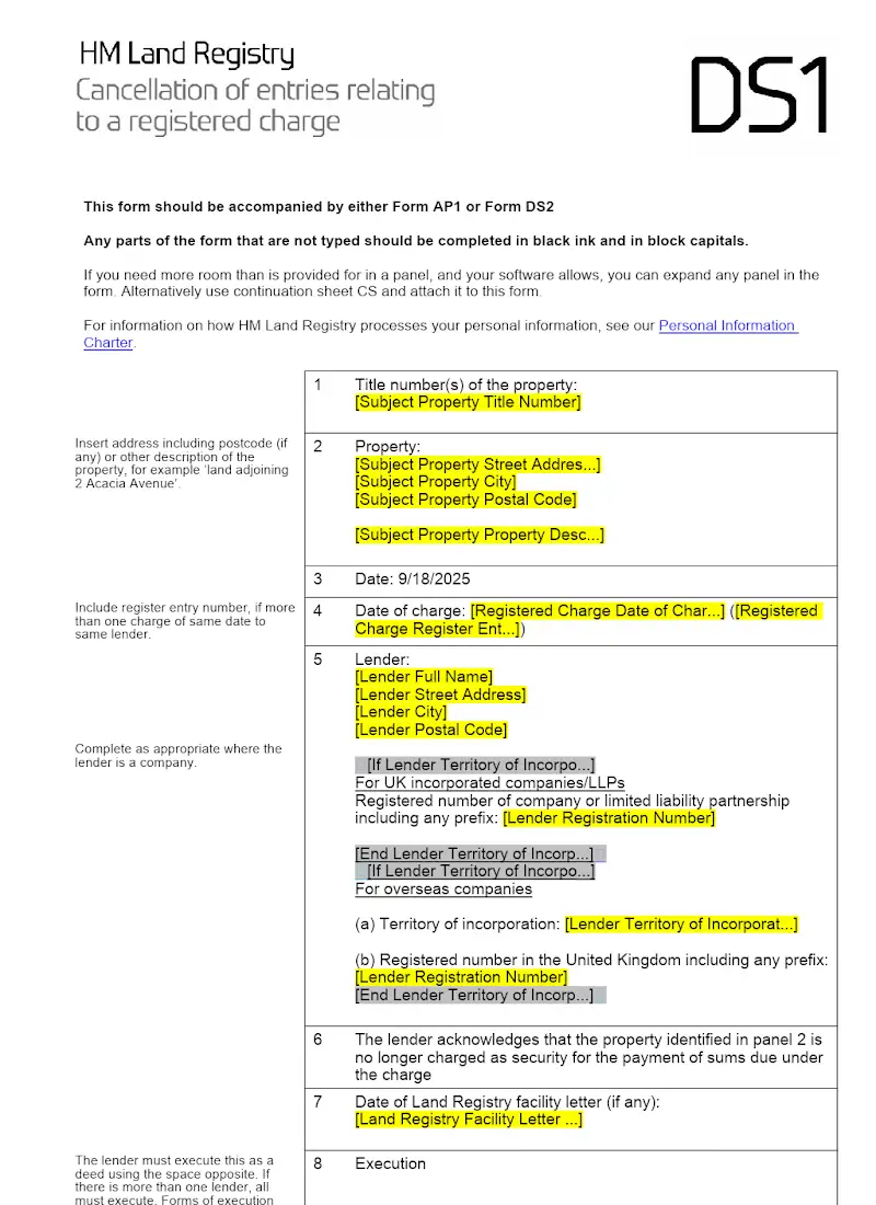 Cancellation of entries relating to a registered charge (Form DS1)