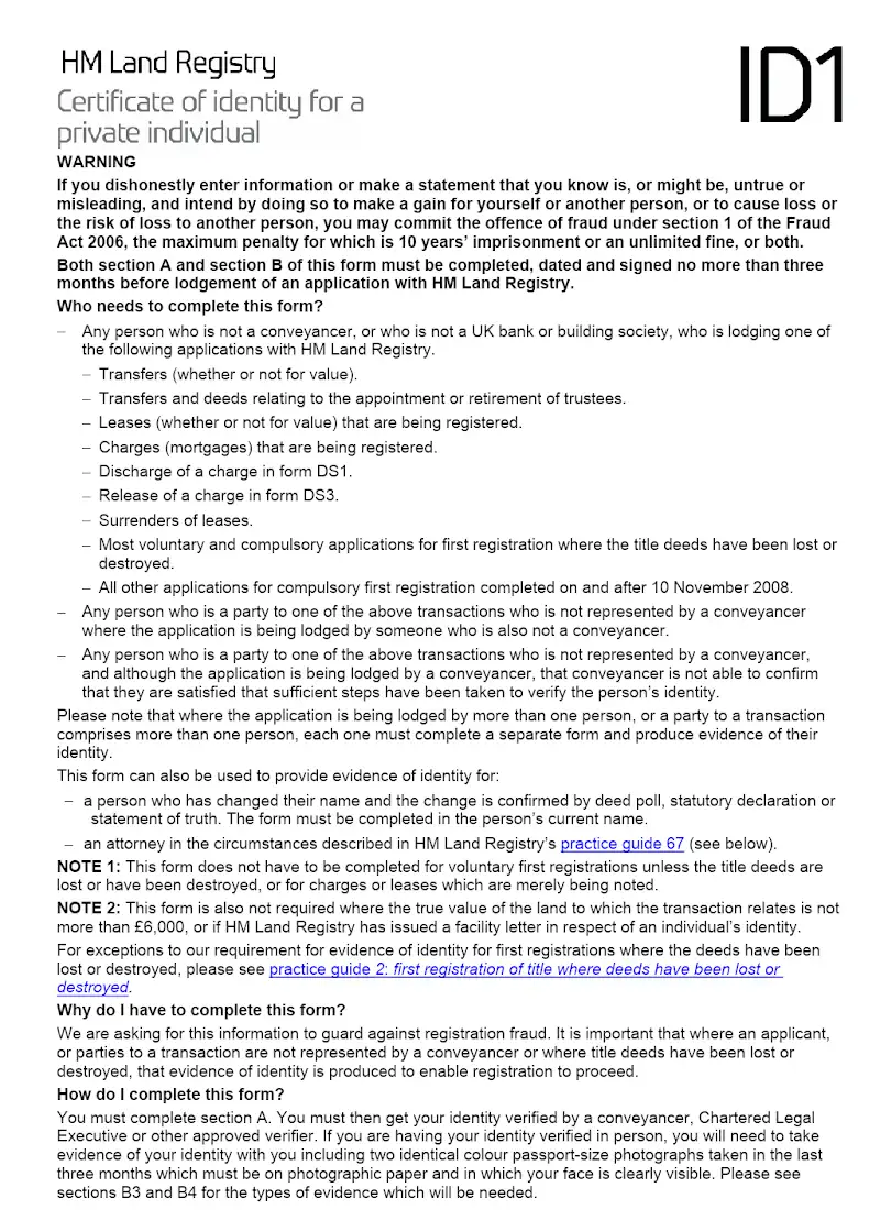 Certificate of Identity for Private Individual (ID1)