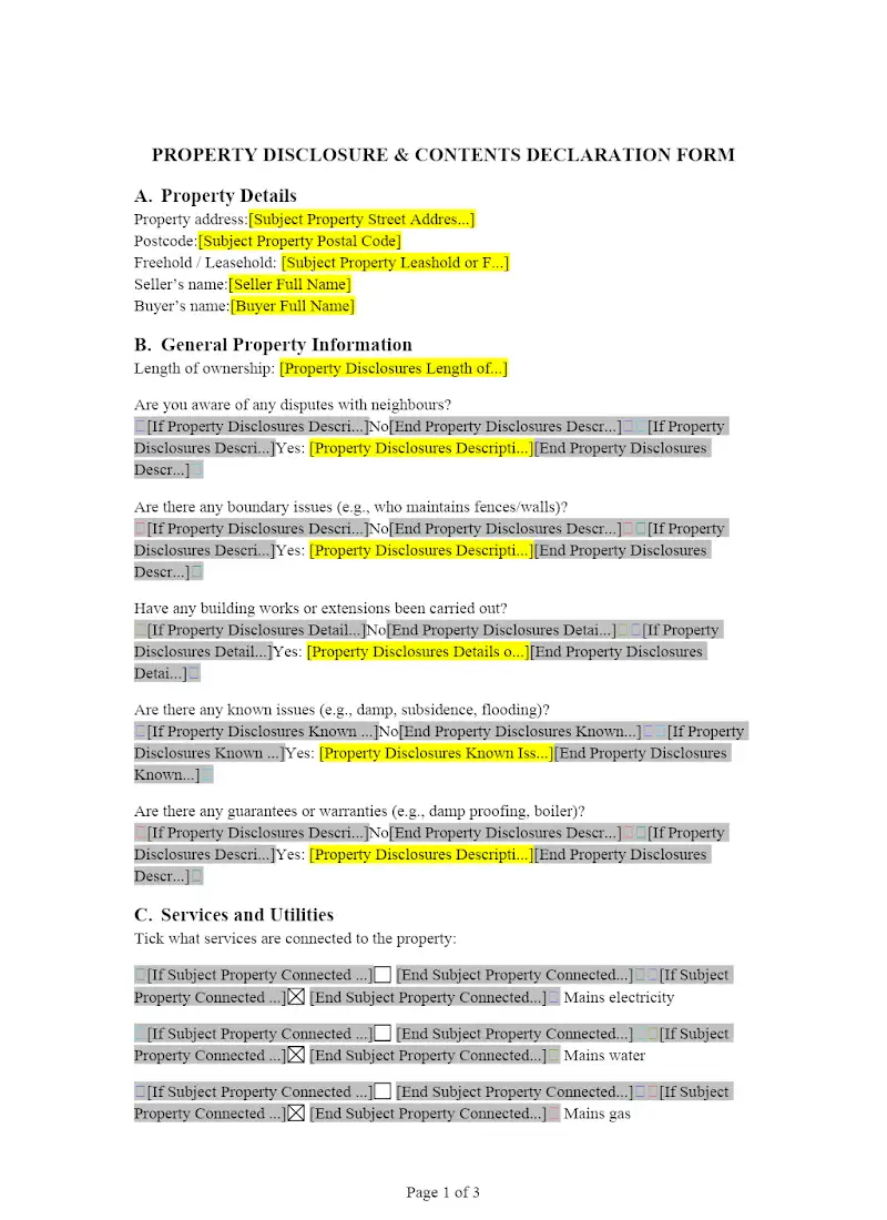 Property Disclosure and Contents Declaration