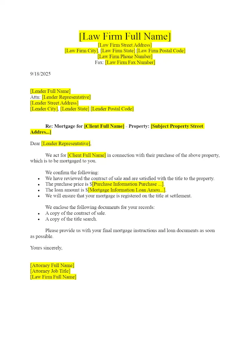 Letter Reporting to Lender