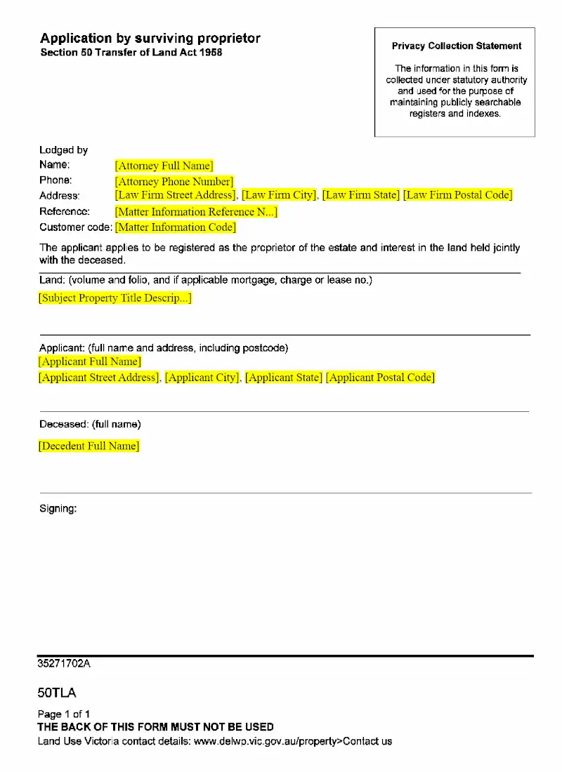 Application by Surviving Proprietor (50TLA)