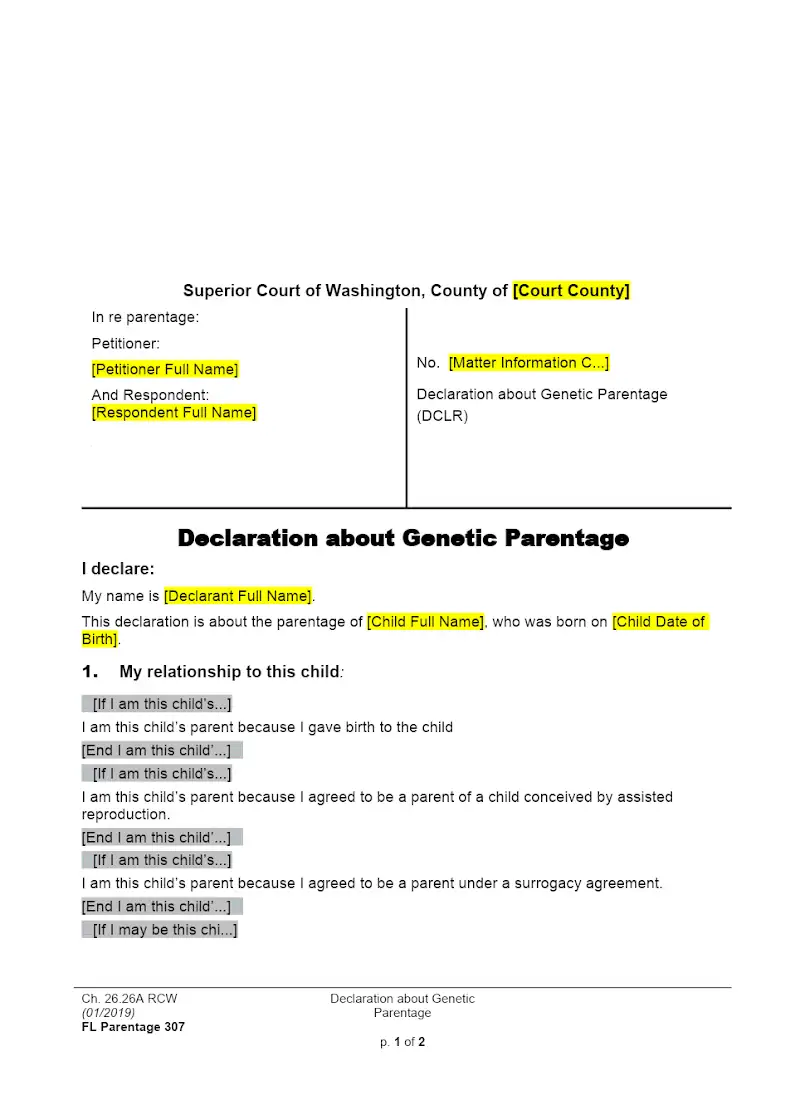 Declaration about Genetic Parentage (Form FAM 307)