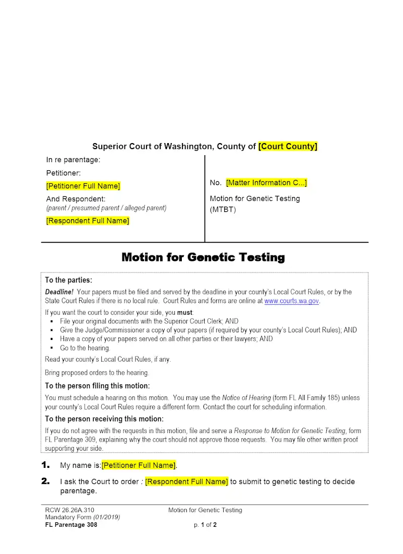 Motion for Genetic Testing (Form FAM 308)