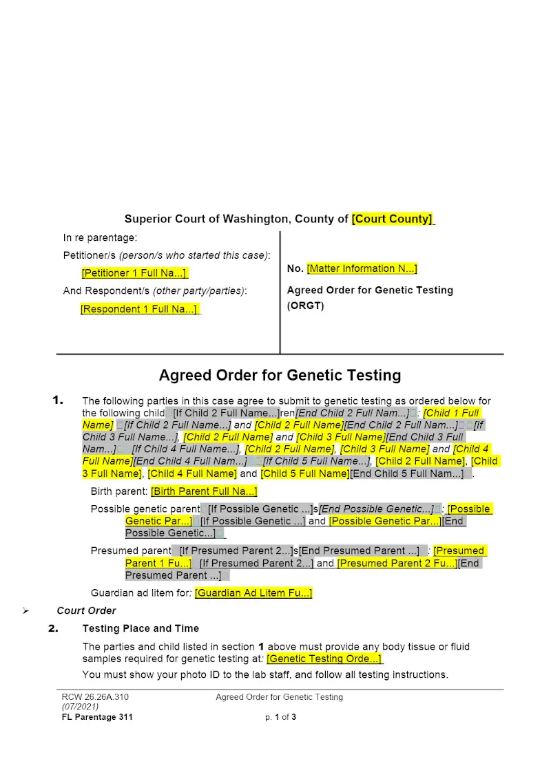 Agreed Order for Genetic Testing (Form FAM 311)