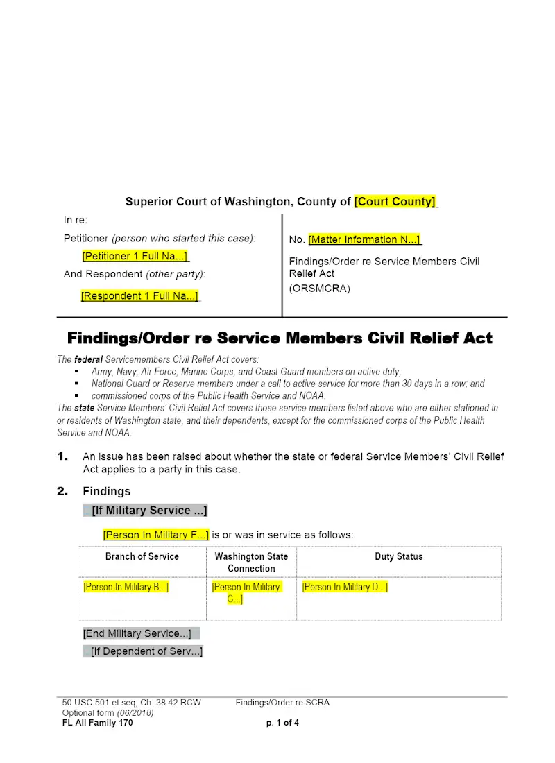 Findings or Order re Service Members Civil Relief Act (Form FAM 170)