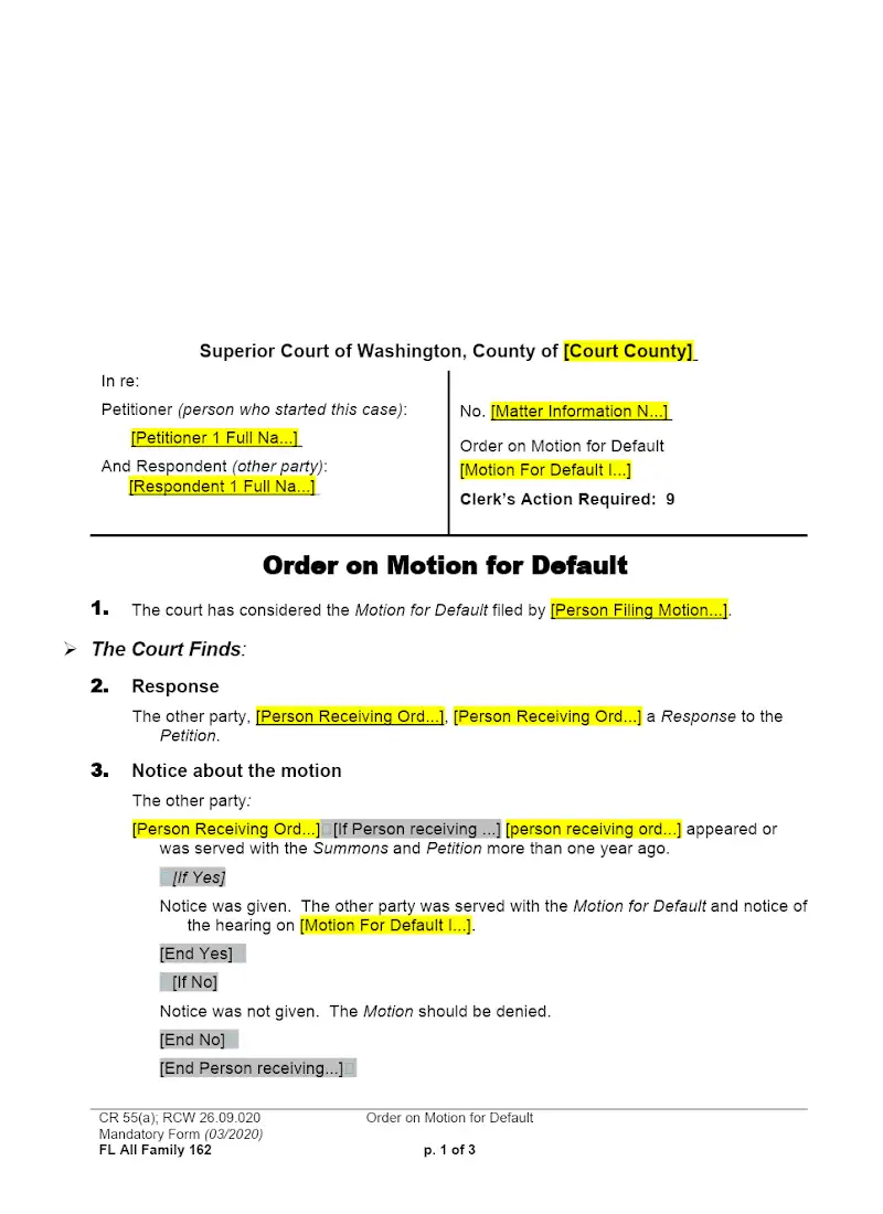 Order on Motion for Default (Form FAM 162)