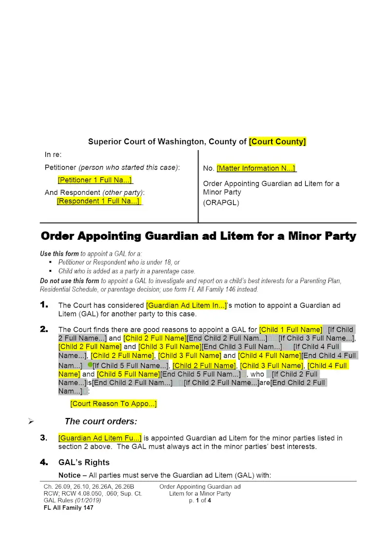 Order Appointing Guardian ad Litem for a Minor Party (Form FAM 147)