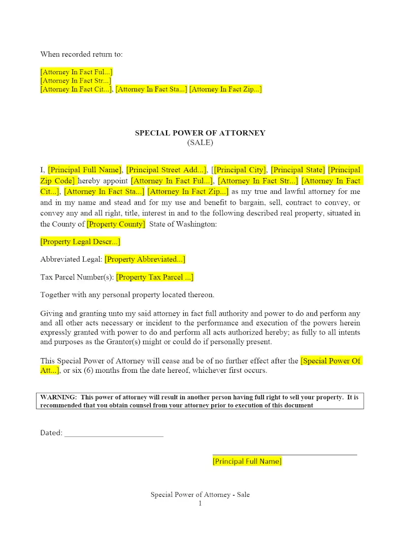 Special Power of Attorney - Sale