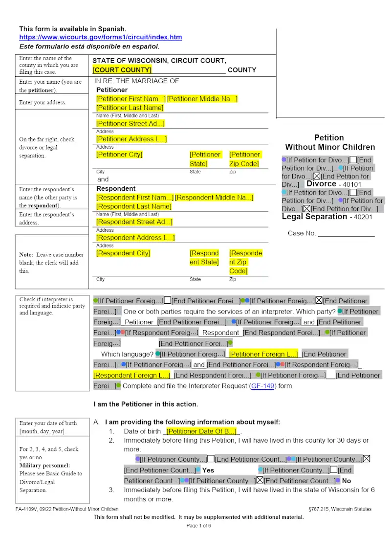 Petition without Minor Children (FA-4109V)