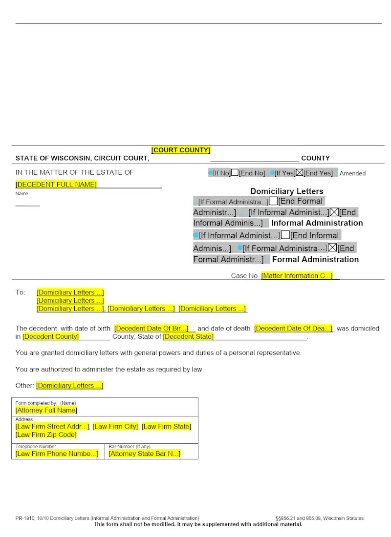 Domiciliary Letters - Informal and Formal Administration (PR-1810)