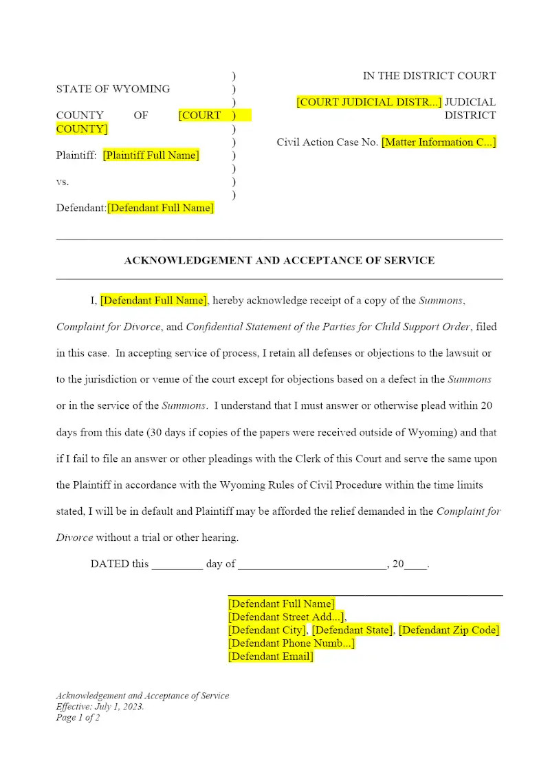 Acknowledgement and Acceptance of Service (Form DWCP10)