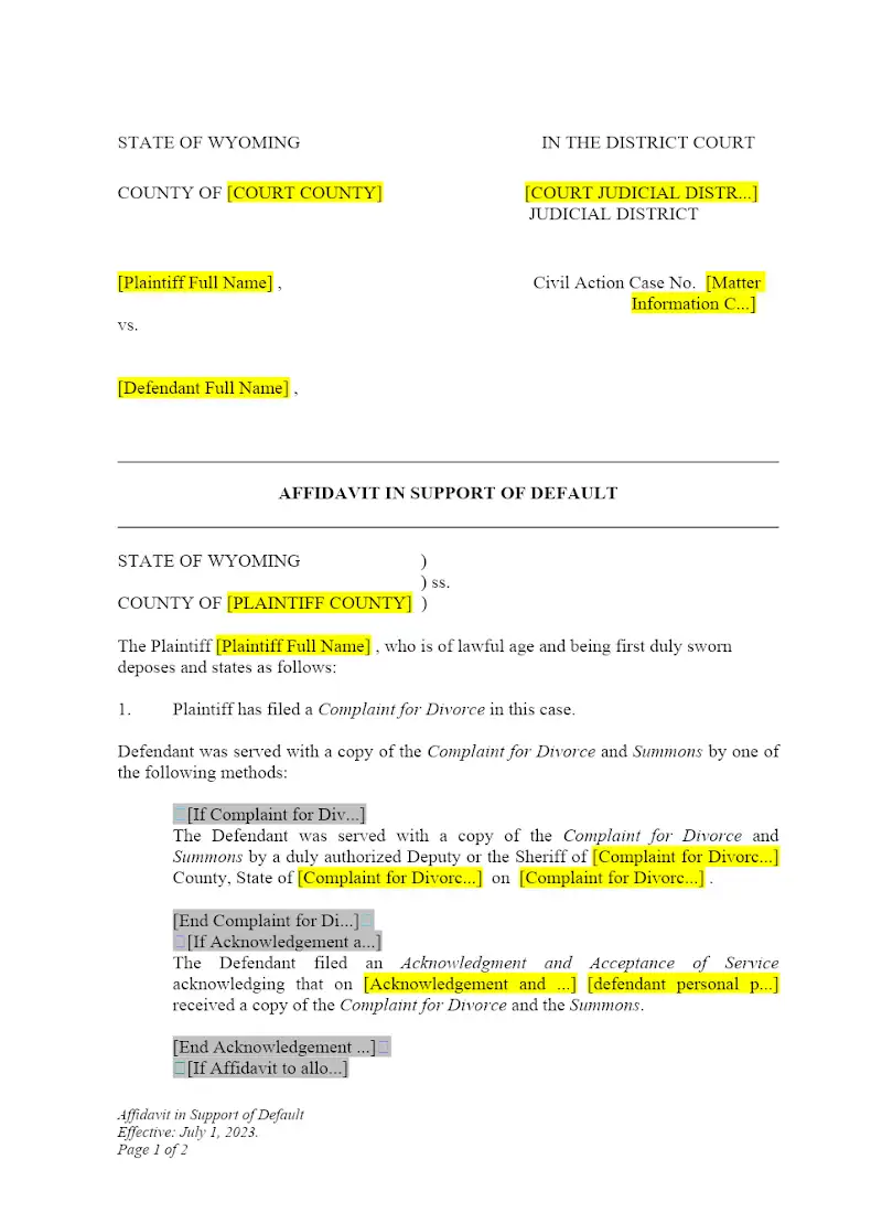 Affidavit of Plaintiff in Support of Default (Form DWCP17)
