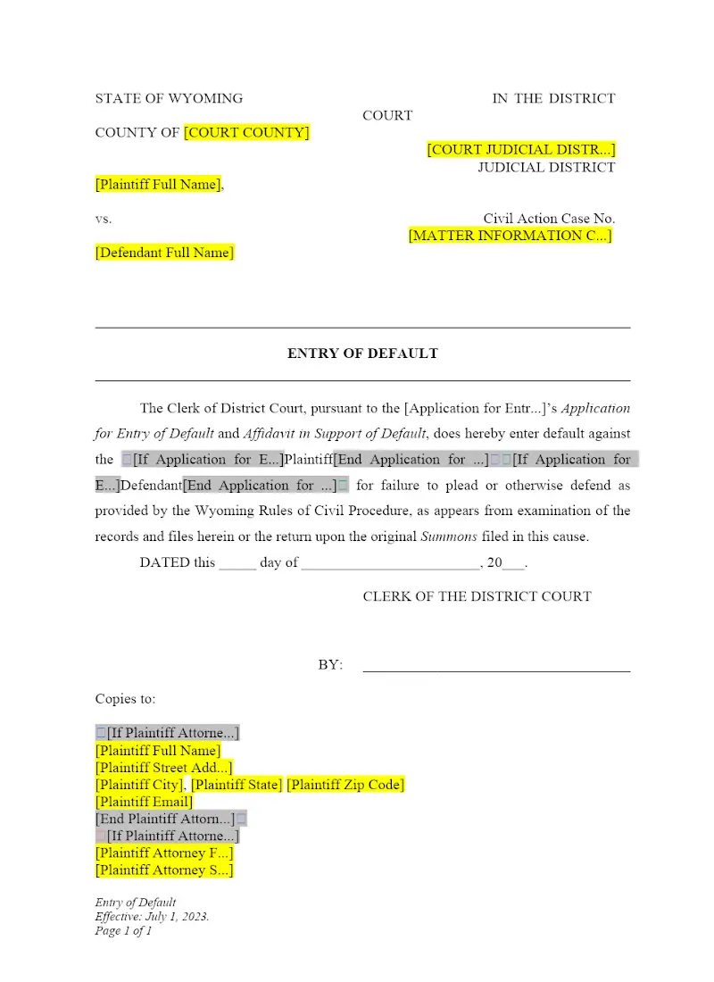 Entry of Default (Form DWCP18)