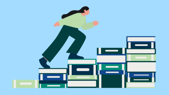 Illustration of someone climbing stairs made of books