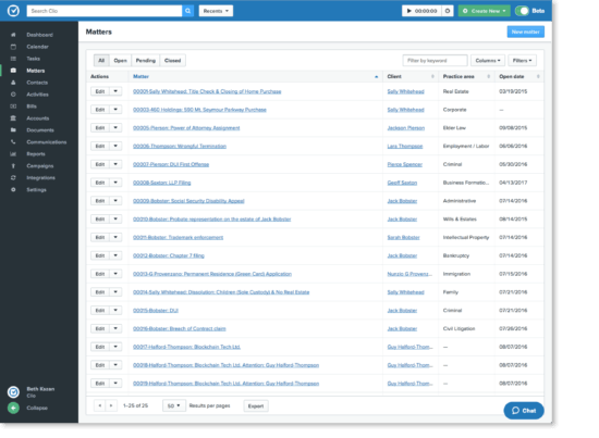 Clio’s legal software shows a list of legal matters