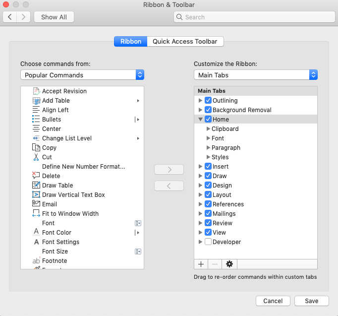 Customizing the ribbon in Word with the developer tab