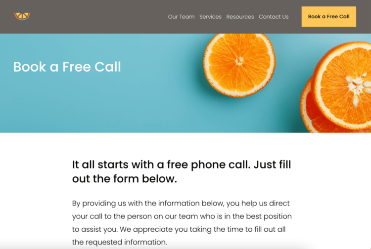 Screenshot of Fresh Legal's law firm intake landing page with "book a free call" in the top left