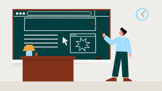 Illustration of someone pointing at a chalkboard showing a web page