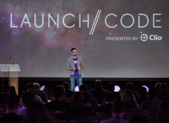 Tali pitching at the 2018 Launch//Code finals.