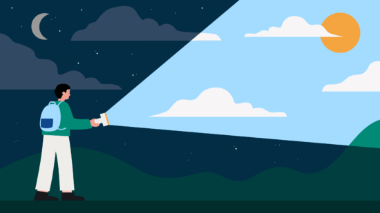 Illustration of someone shining a light into the night sky to see