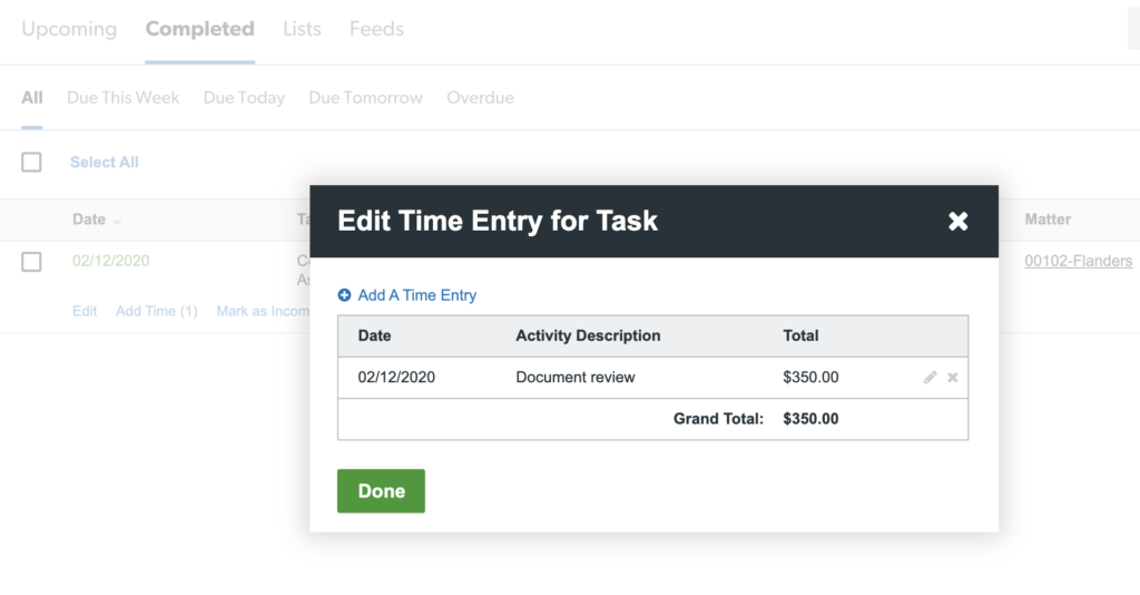Logging billable time through a task item in Clio