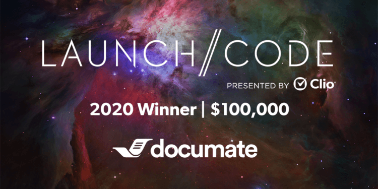 Clio's Launch//Code graphic displays Documate as the grand-prize contest winner
