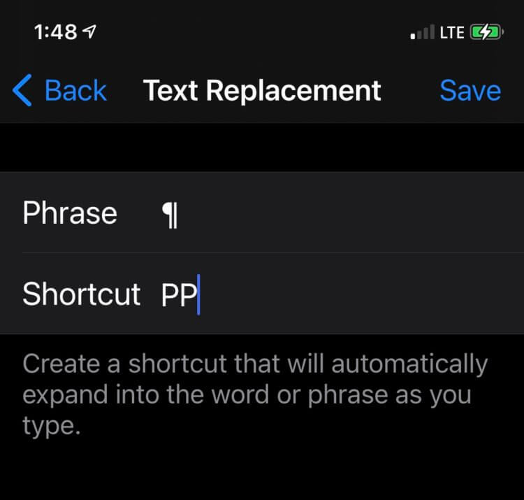 Phone screen shot of the creation of a text replacement shortcut for typographic symbols