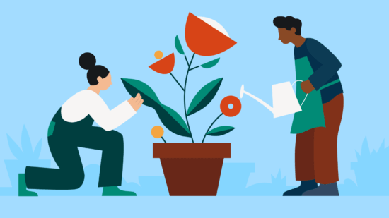 Illustration of two people watering a growing plant