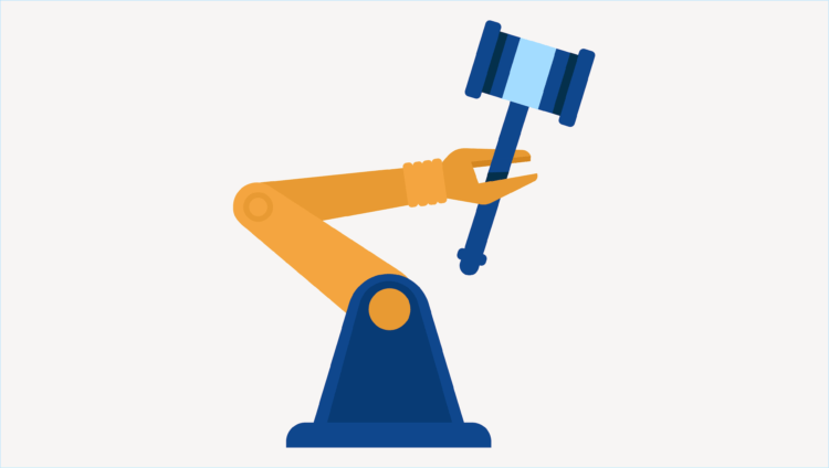Image of a robotic arm, holding a gavel, representing the idea of lawyer AI.