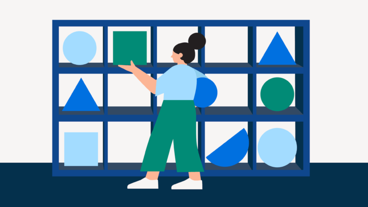 Illustration of a woman organizing shapes on a shelf, representing a legal project manager