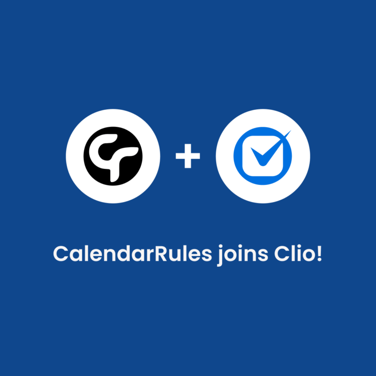 The CalendarRules logo with a plus sign followed by the Clio logo on a blue background. Below reads the text, "CalendarRules joins Clio!"