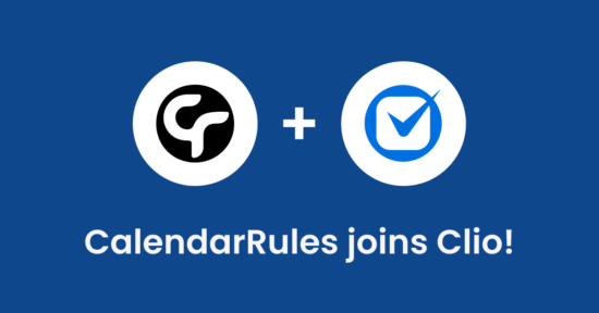 The CalendarRules logo with a plus sign followed by the Clio logo on a blue background. Below reads the text, "CalendarRules joins Clio!"