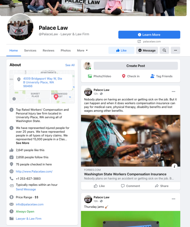 An example Facebook page for lawyers