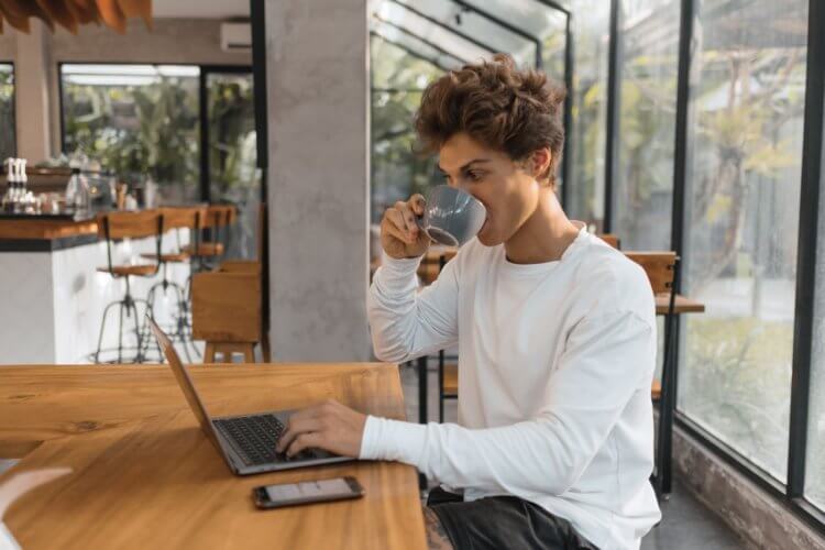 remote worker drinking coffee