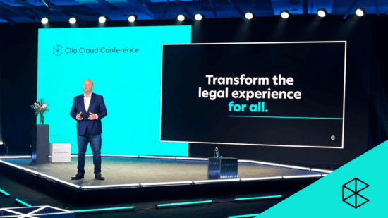 Clio's CEO, Jack Newton standing on stage at the 2021 Clio Cloud Conference