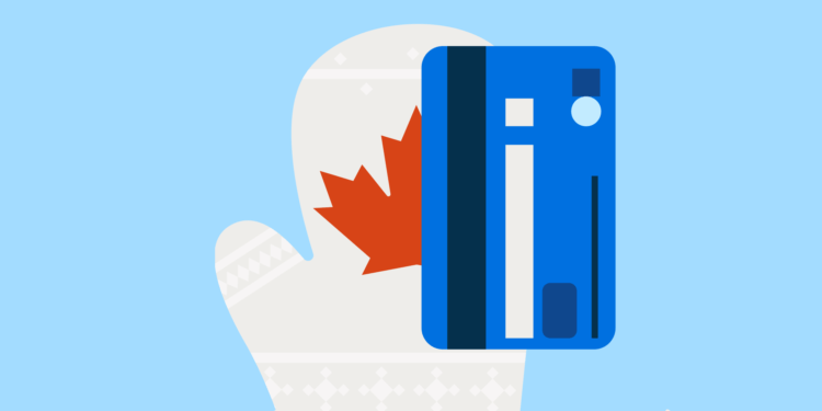 Mitten with a Canadian maple leaf on it and a credit card to announce Clio Payments are in Canada