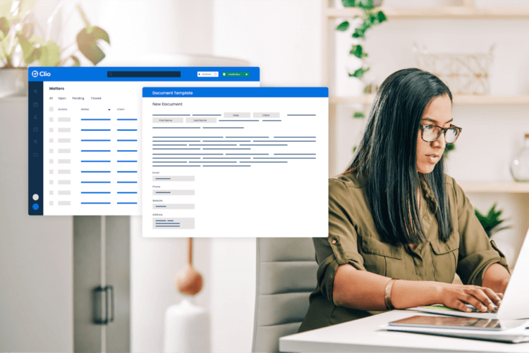 A photo of a lawyer using Clio Manage instead of Excel for lawyers. A Screenshot of Clio Manage is over top of the photo to show what the lawyer is working on.