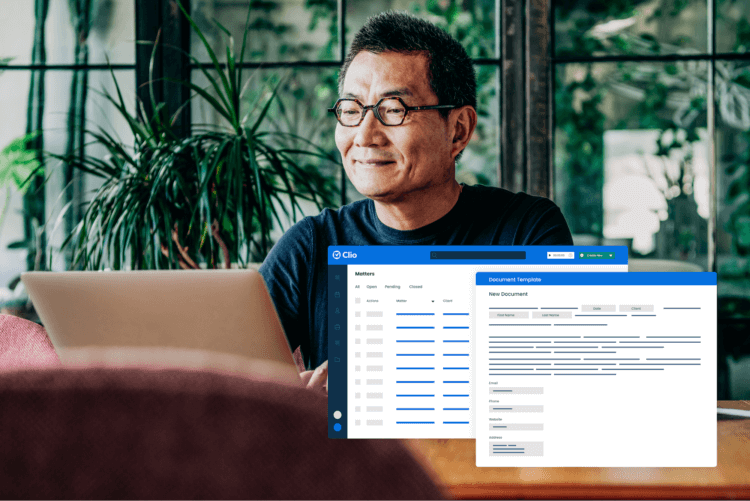 A man working on a laptop and using Clio to generate and autofill documents with Clio and Lawyaw
