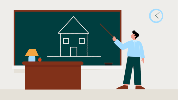 Teacher pointing to a blackboard depicting a house