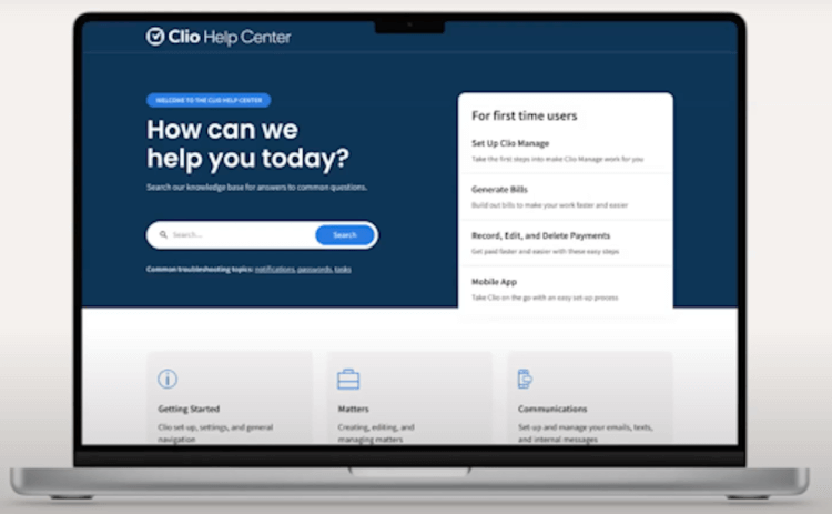 Clio Help Center on laptop Clio Help Center on laptop